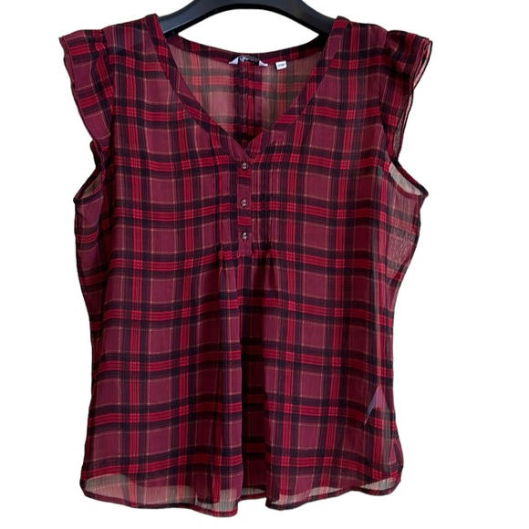 Reitmans Tops - Reitmans women’s blouse red black plaid sheer large petite‎
